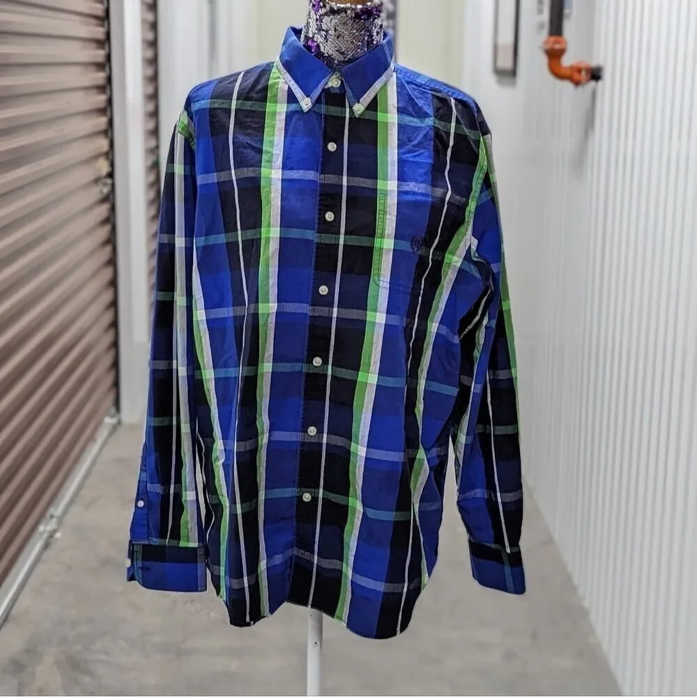 Chaps Large Blue & Green‎ Plaid Long Sleeve Button Front Shirt Old Money Preppy